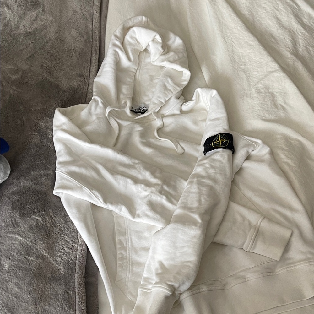 Stone Island White Crewneck Hoodie with Signature Compass Patch